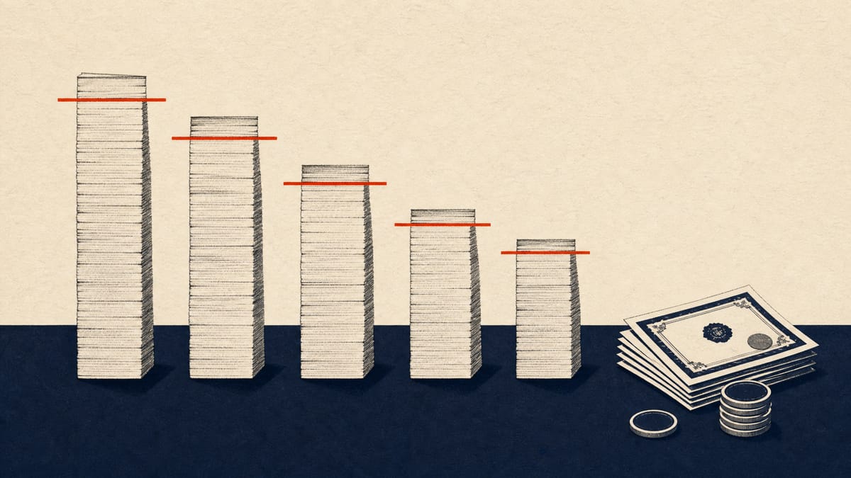Abstract diagram of five columns of differing heights rising past a horizontal ceiling line, representing payouts above a legal limit.