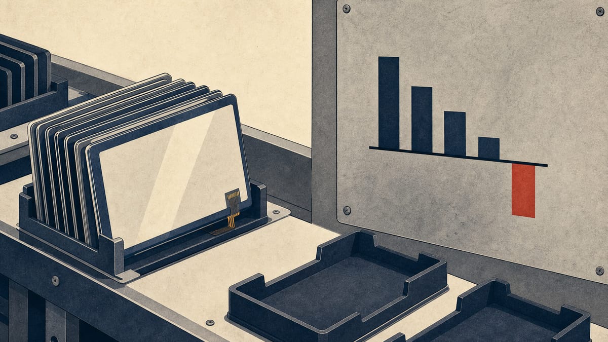 A touch-sensor film production line with some empty trays, beside an abstract bar chart dropping below a zero line.