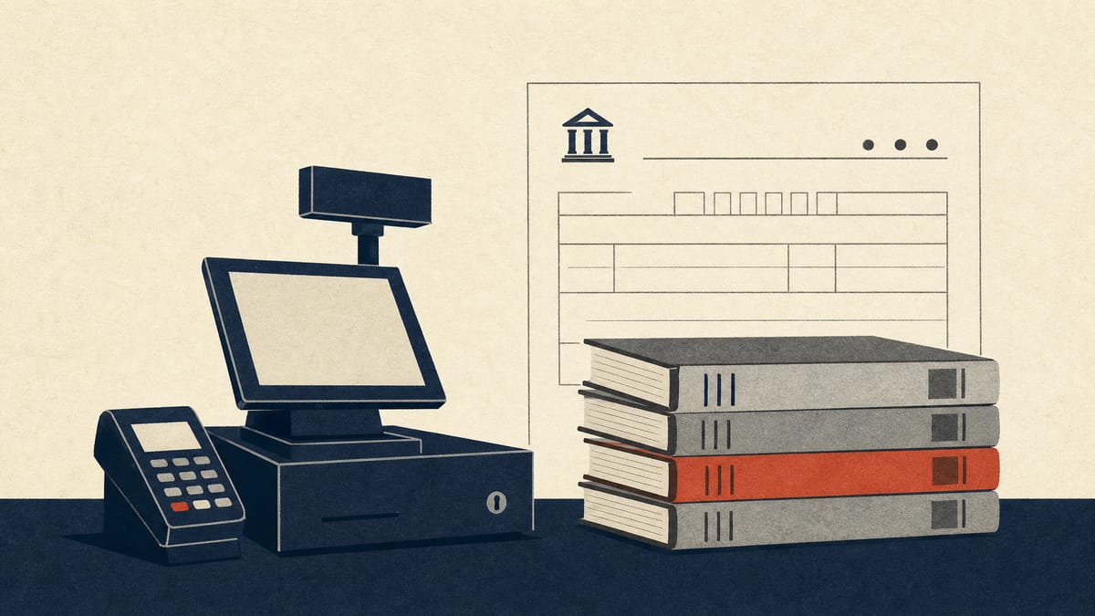 A shop checkout counter with a POS register and card reader beside stacked municipal tax ledgers.