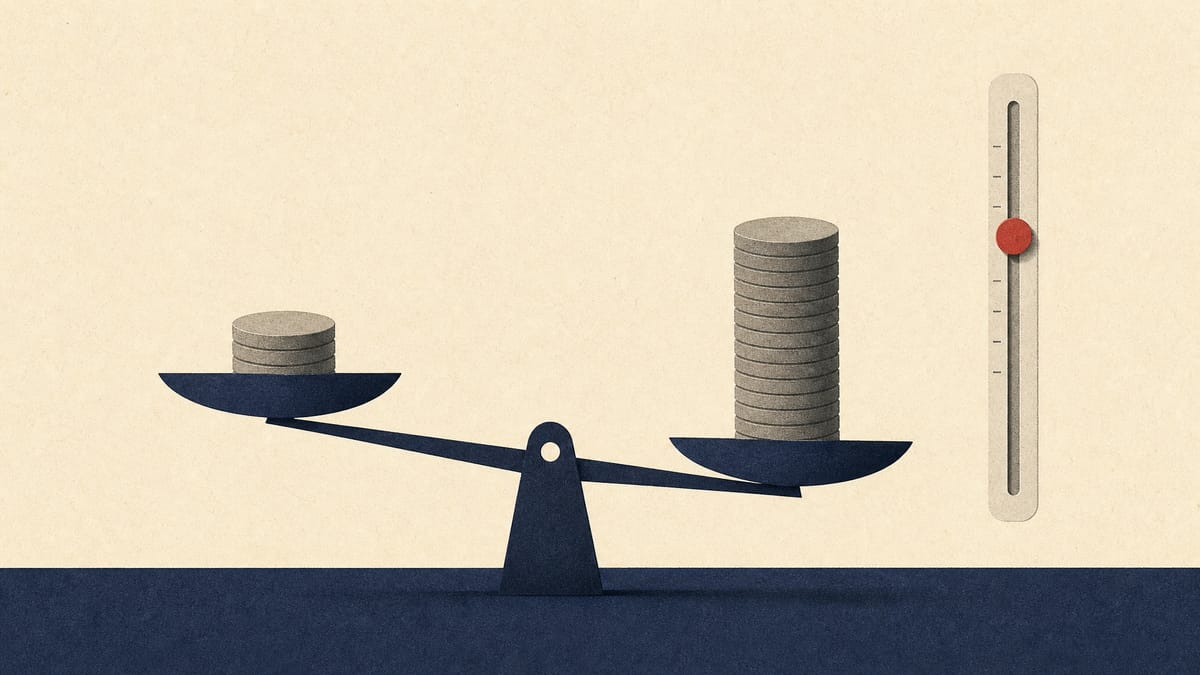 A balance scale comparing a small stack of tokens with a taller stack, with an adjustable dial beside it, illustrating a share exchange ratio that can still change.