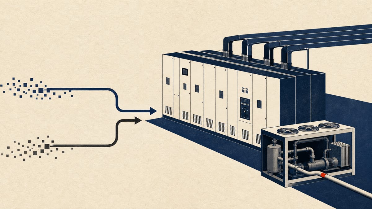 Industrial electrical switchgear cabinets and cooling equipment in a data-centre power hall, with two thin data lines leading toward them.