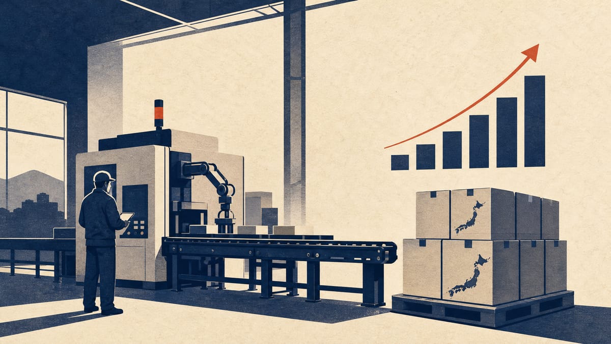 A small factory floor with new production equipment, export cartons and a rising bar diagram, suggesting a small company scaling up.