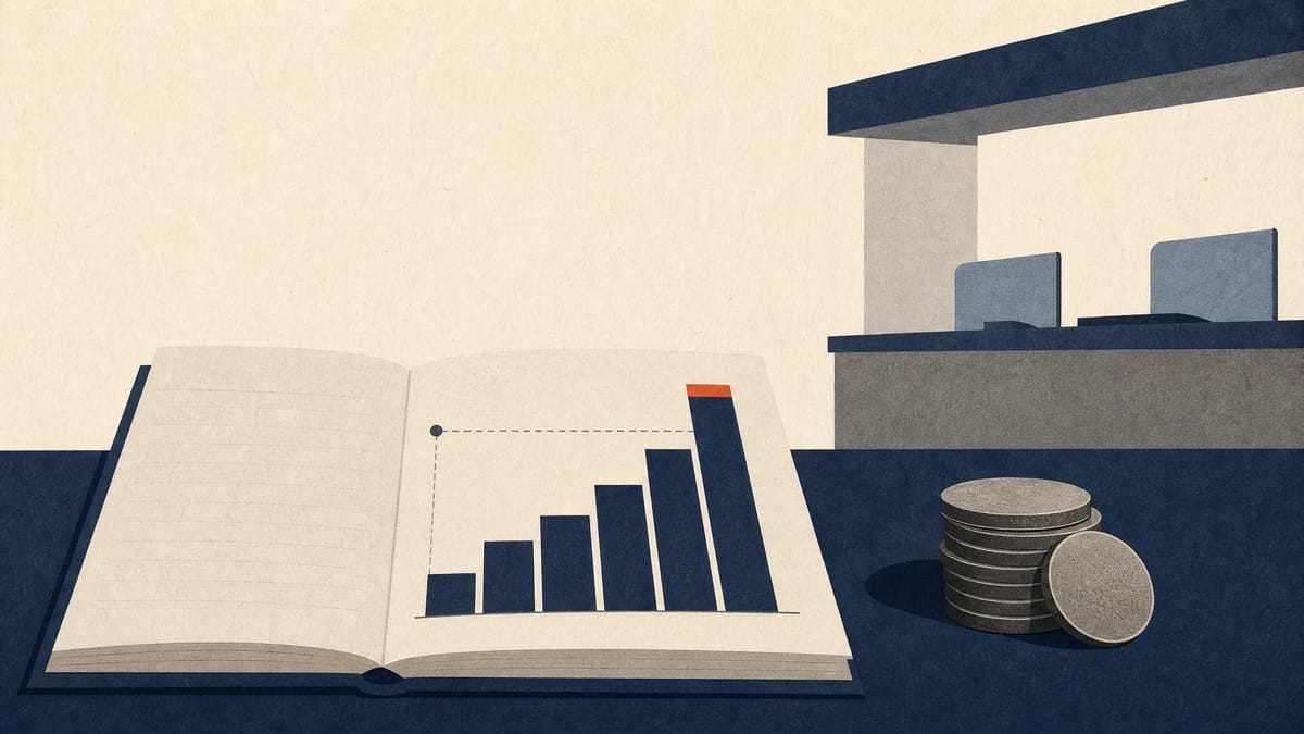 Stylised bar chart of rising profit forecasts beside a ledger and coins, with one bar highlighted to mark a one-off reserve release.