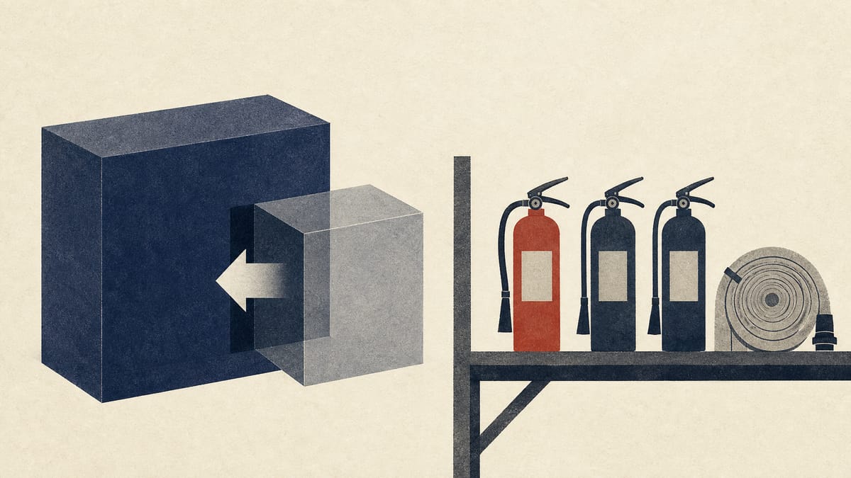 Abstract ownership blocks merging next to a row of fire extinguishers and a coiled hose.