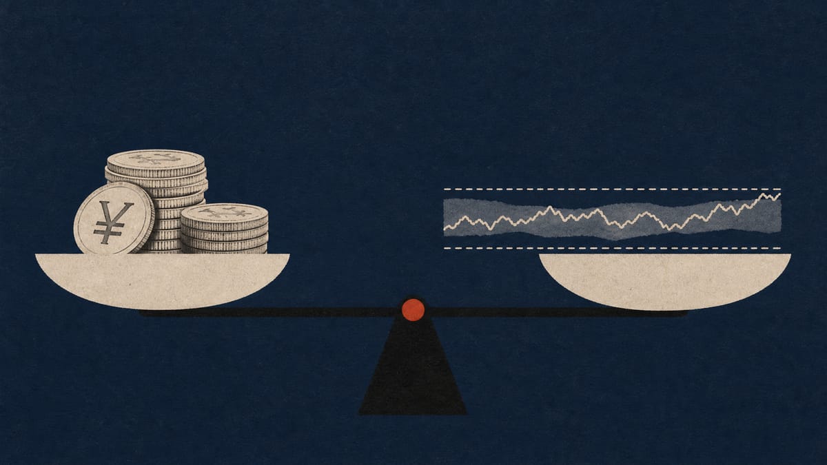 Abstract balance scale weighing coins against a narrow band on a line chart, illustrating a policy debate over interest rates.