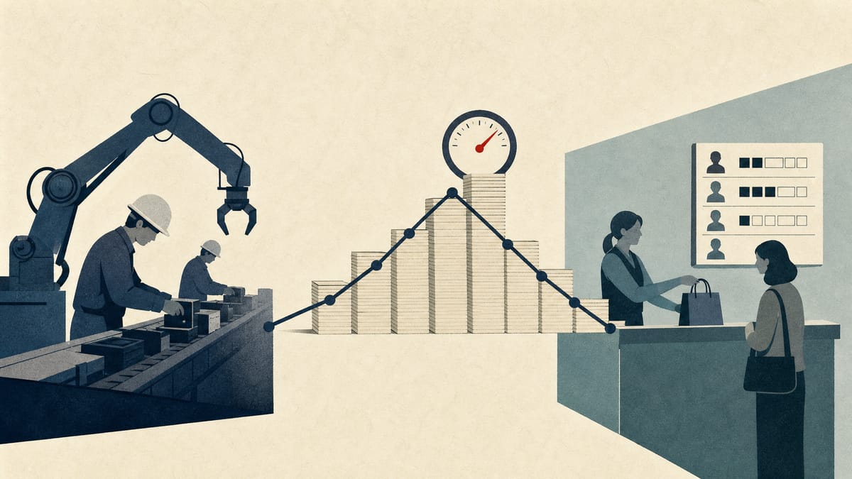 Editorial illustration contrasting a busy factory assembly line with an understaffed service counter, linked by a line of ledger blocks that rises and then dips.