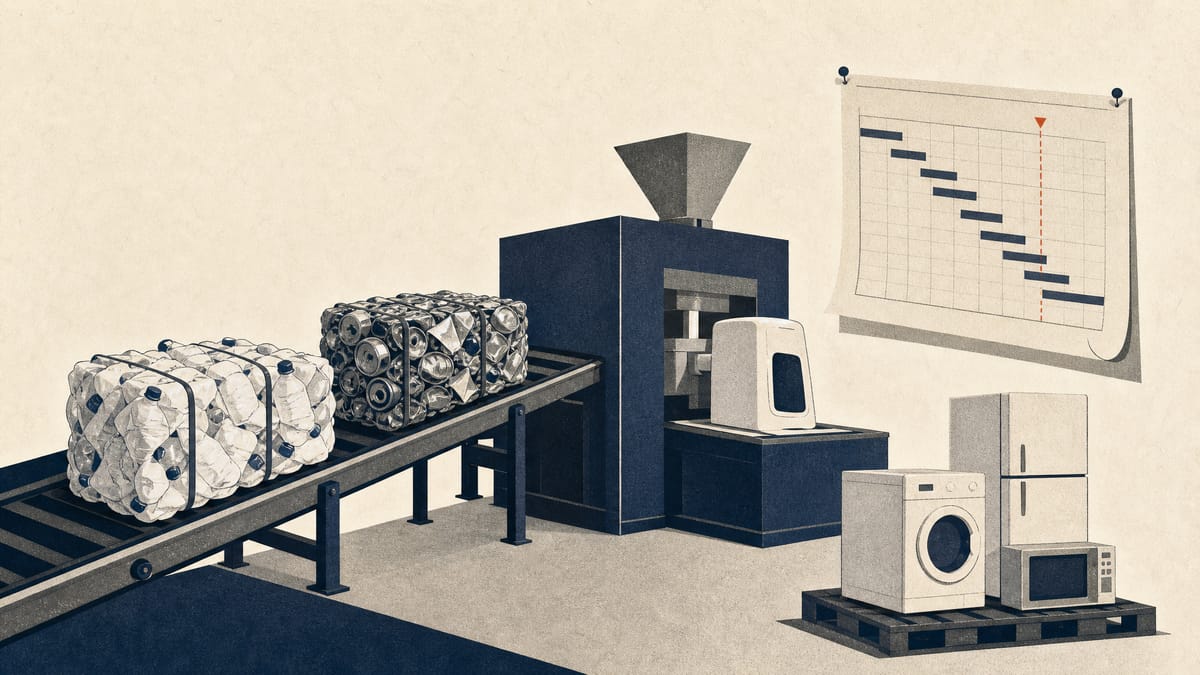 A recycling production line feeding baled recycled material into a forming machine, with refurbished appliances stacked on pallets nearby.