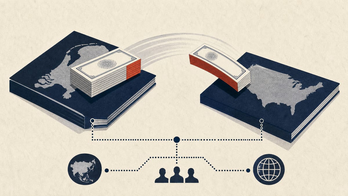 Illustration of a block of share certificates moving between two ledger tiles, with linked data nodes suggesting a cross-border PR alliance.