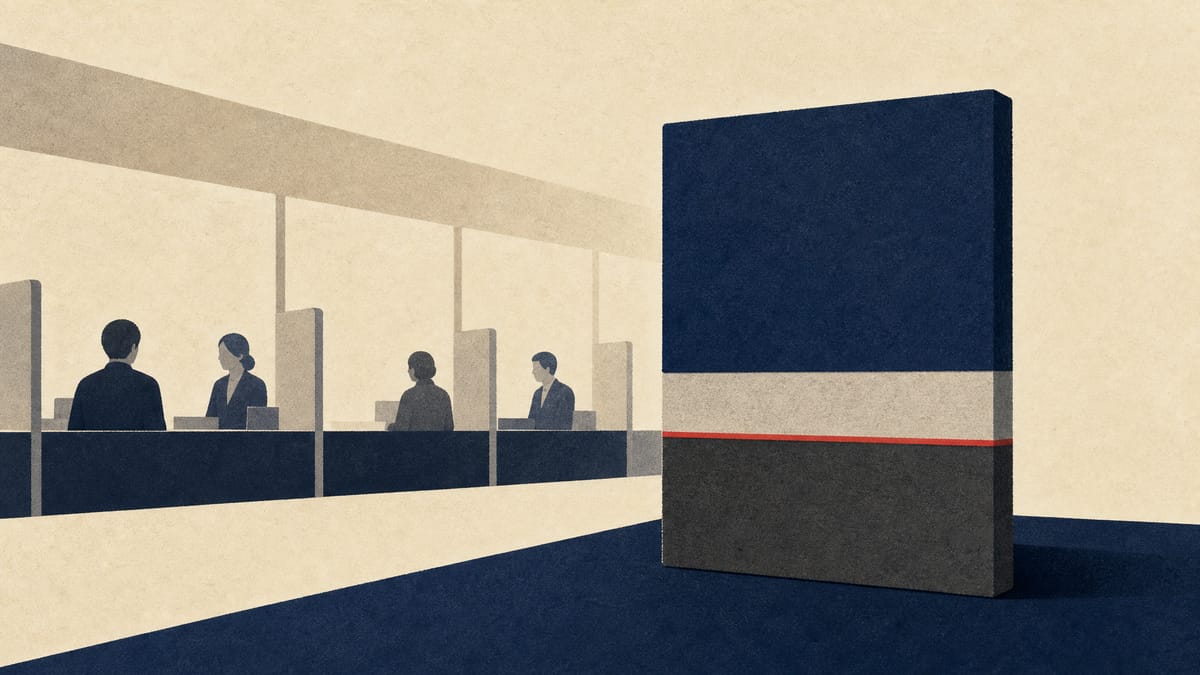 Stacked bars showing executed, declined and pending loan requests above an abstract bank counter