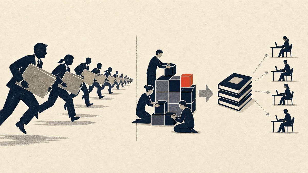 Illustration contrasting a crowd of salespeople chasing large contracts with a small content-development team feeding standardized course packages to many smaller clients.