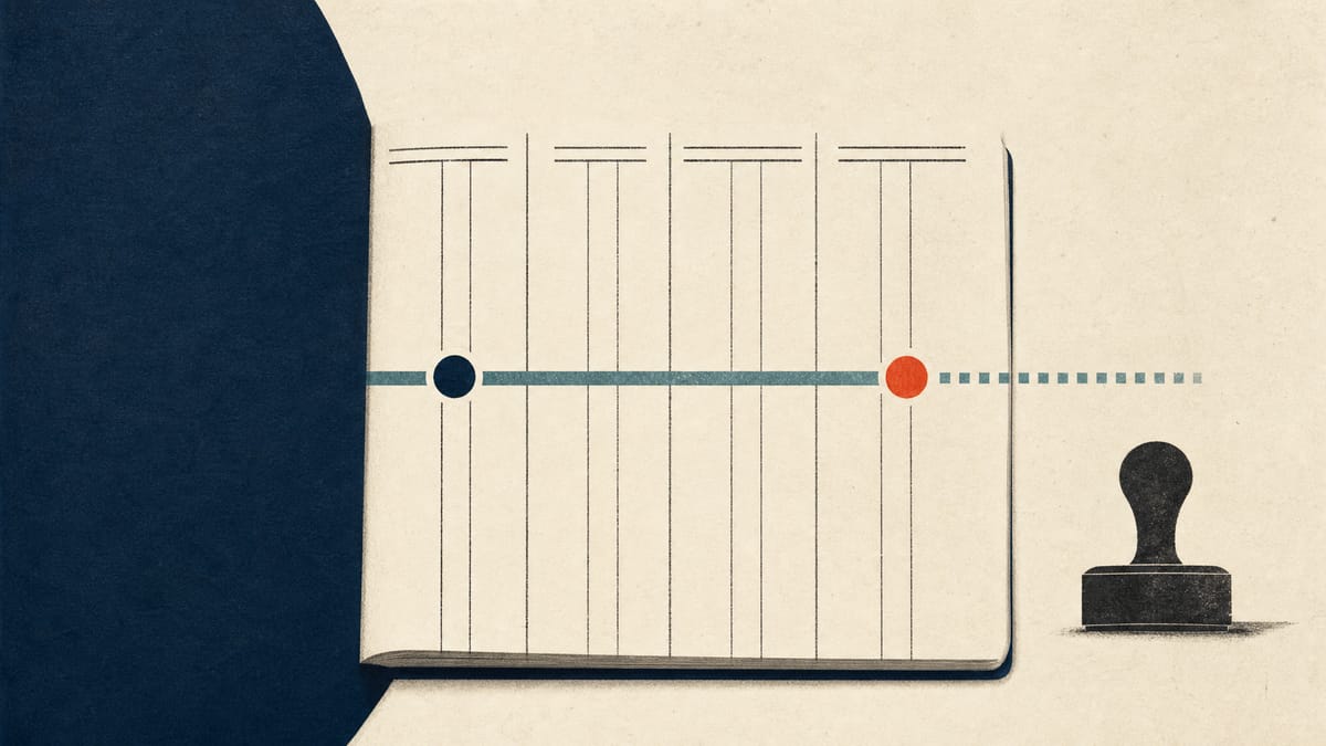 Abstract timeline bar over ledger columns showing a review period extended from a balance-sheet date to a year after an approval stamp.