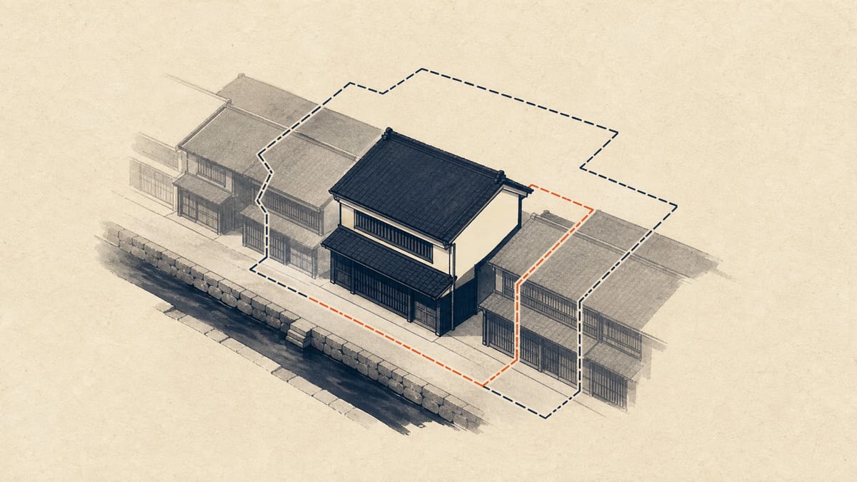 石造りの水路沿いに木造の町家が並ぶ歴史的な通りと、中央の建物を囲む抽象的な境界線を描いたイラスト