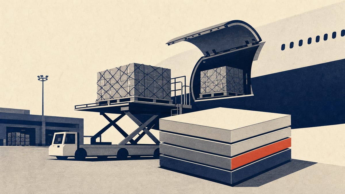 Air freight pallets of electronic components at a cargo terminal beside layered blocks representing a syndicated loan.