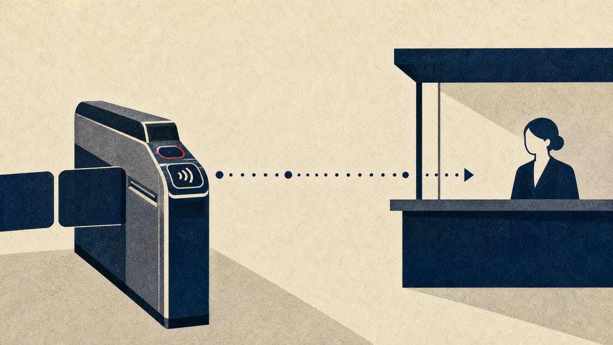 A rail ticket gate with a payment reader beside a bank counter, joined by a line of transaction dots.