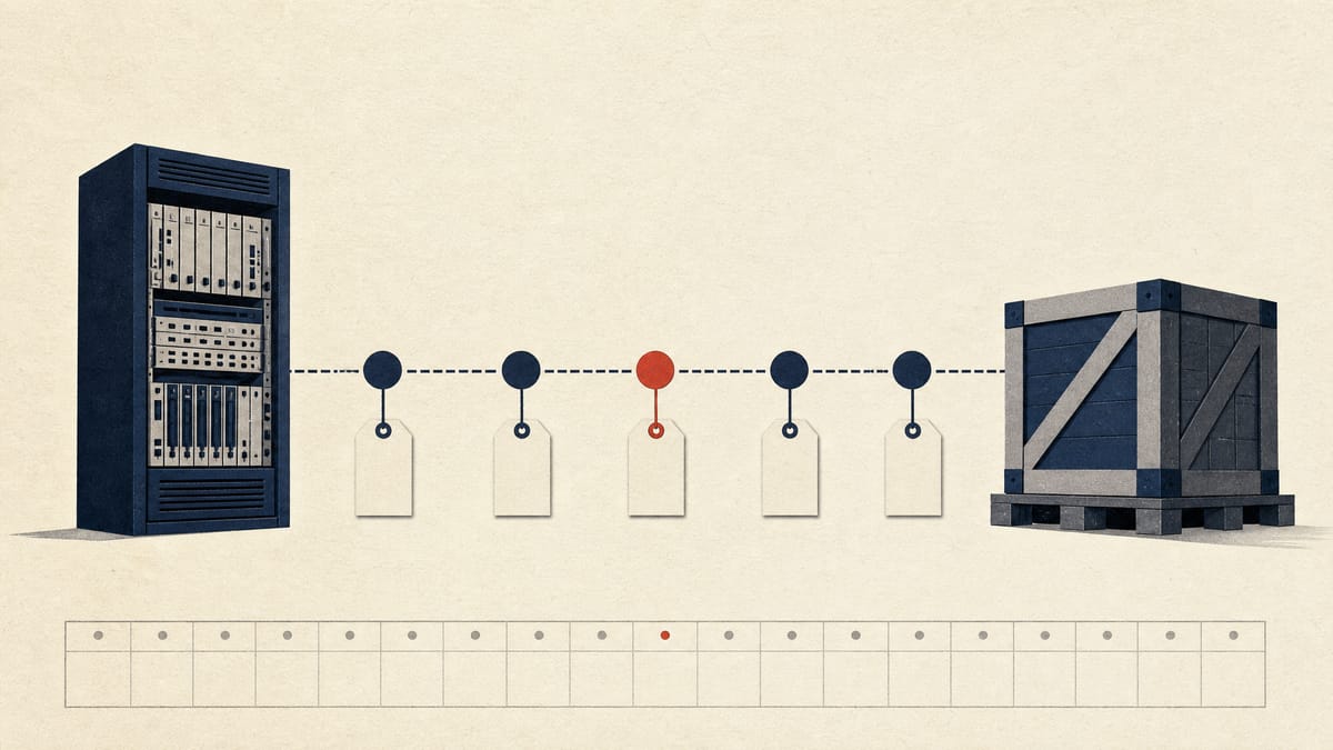 Illustration of a telecom equipment rack connected to a supplier crate through a chain of intermediary nodes, with a calendar strip below.