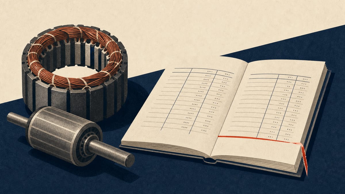 Electric motor stator coils beside a ledger with truncated columns, suggesting restated accounts at a motor manufacturer.
