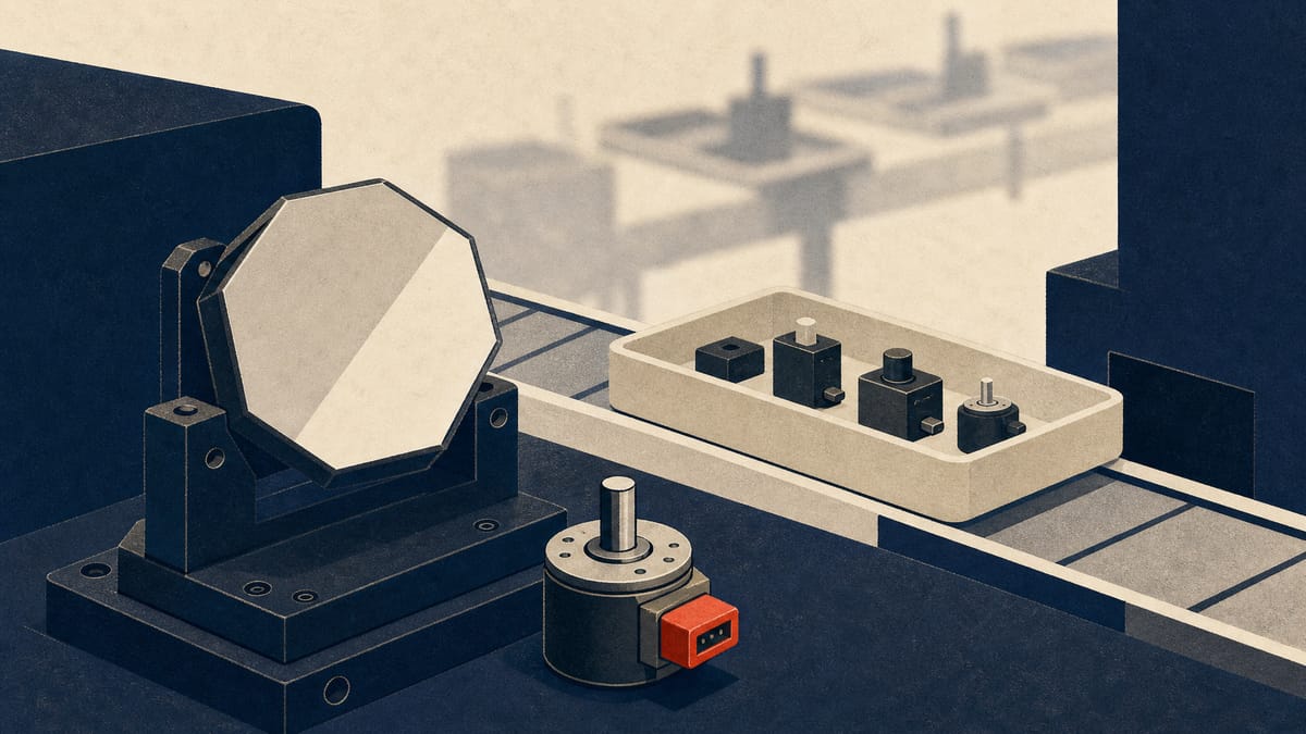 Precision electronic components, including a polygon mirror and an encoder, passing along an assembly line.