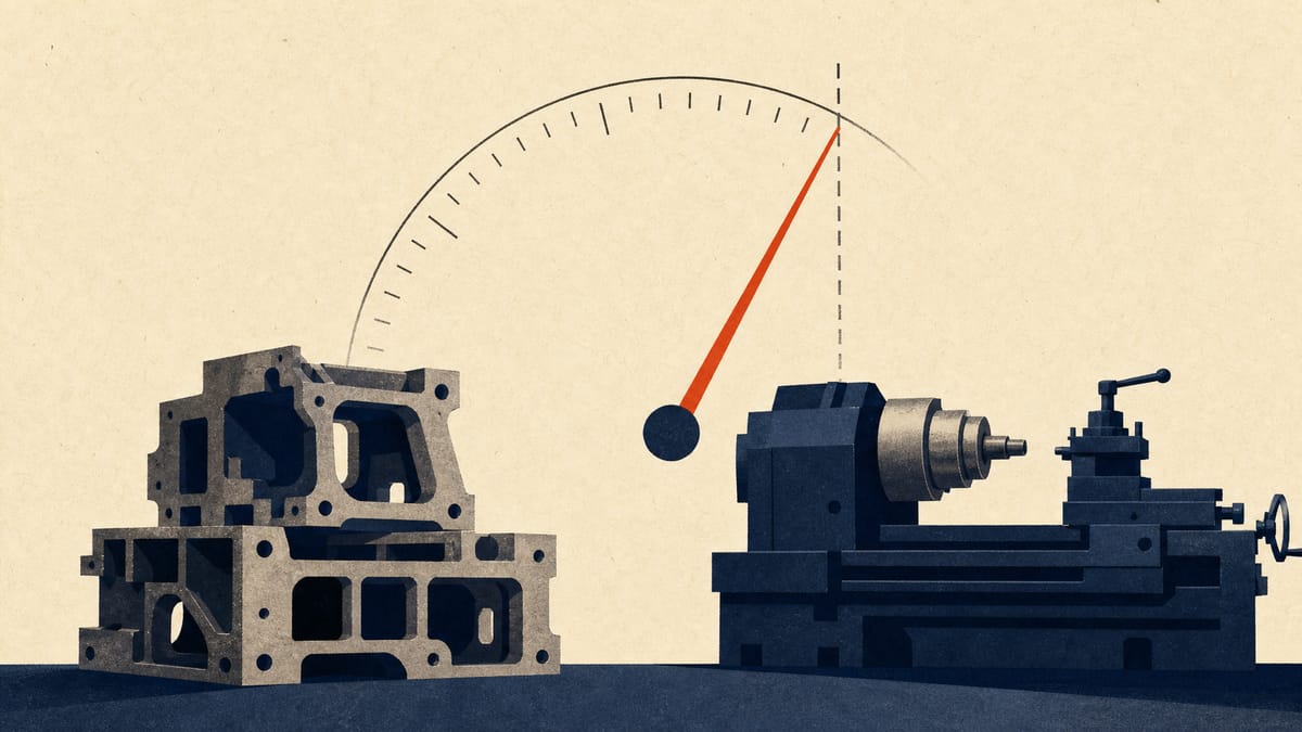 A machine-tool spindle and metal castings in front of a gauge whose needle passes a marked threshold line, suggesting a rising shareholding.