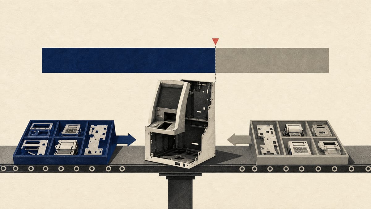 An ATM chassis on a factory assembly line with component trays from two suppliers merging, beside a simple 60/40 ownership bar.