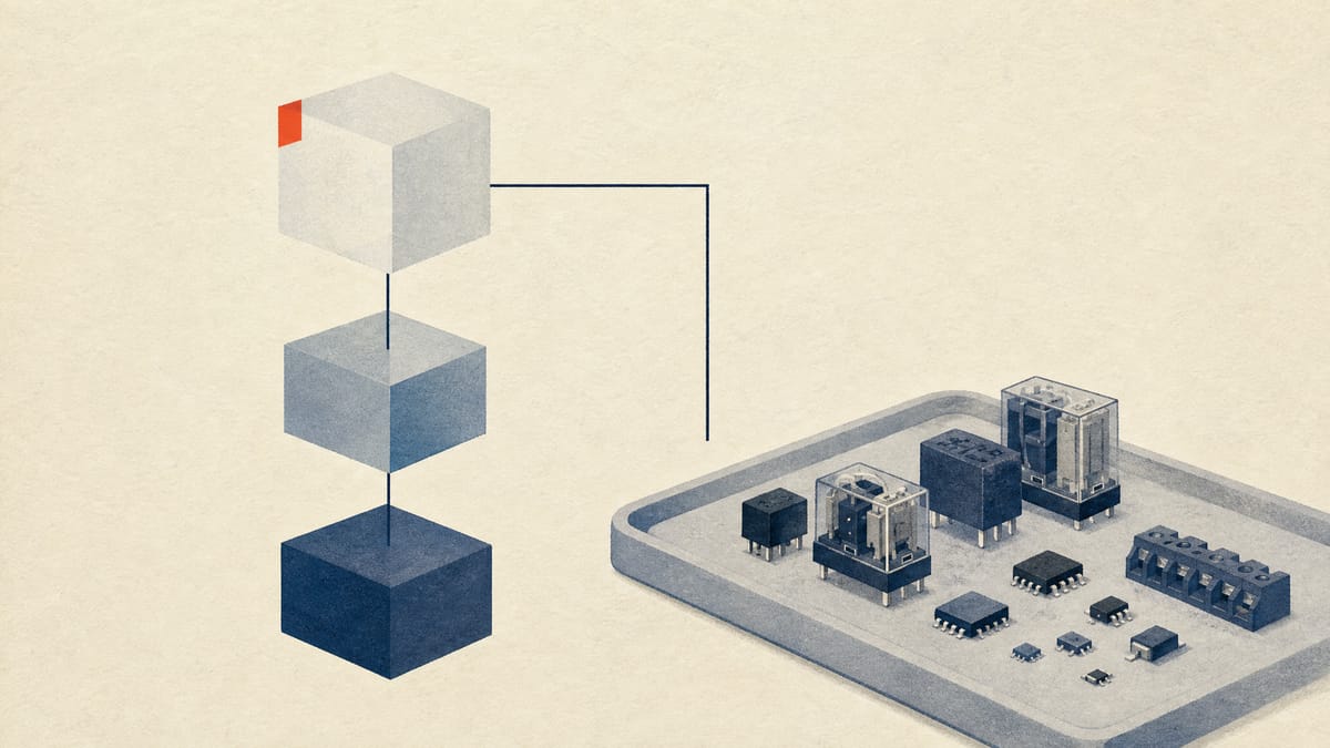 Stacked ownership blocks linked by lines beside a tray of small electronic components and relay modules.