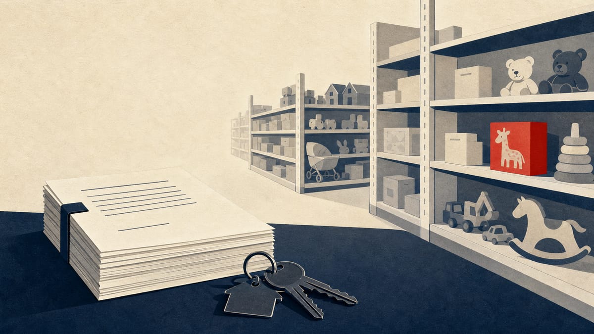 Store shelves of toys and baby goods with lease papers and keys in the foreground.