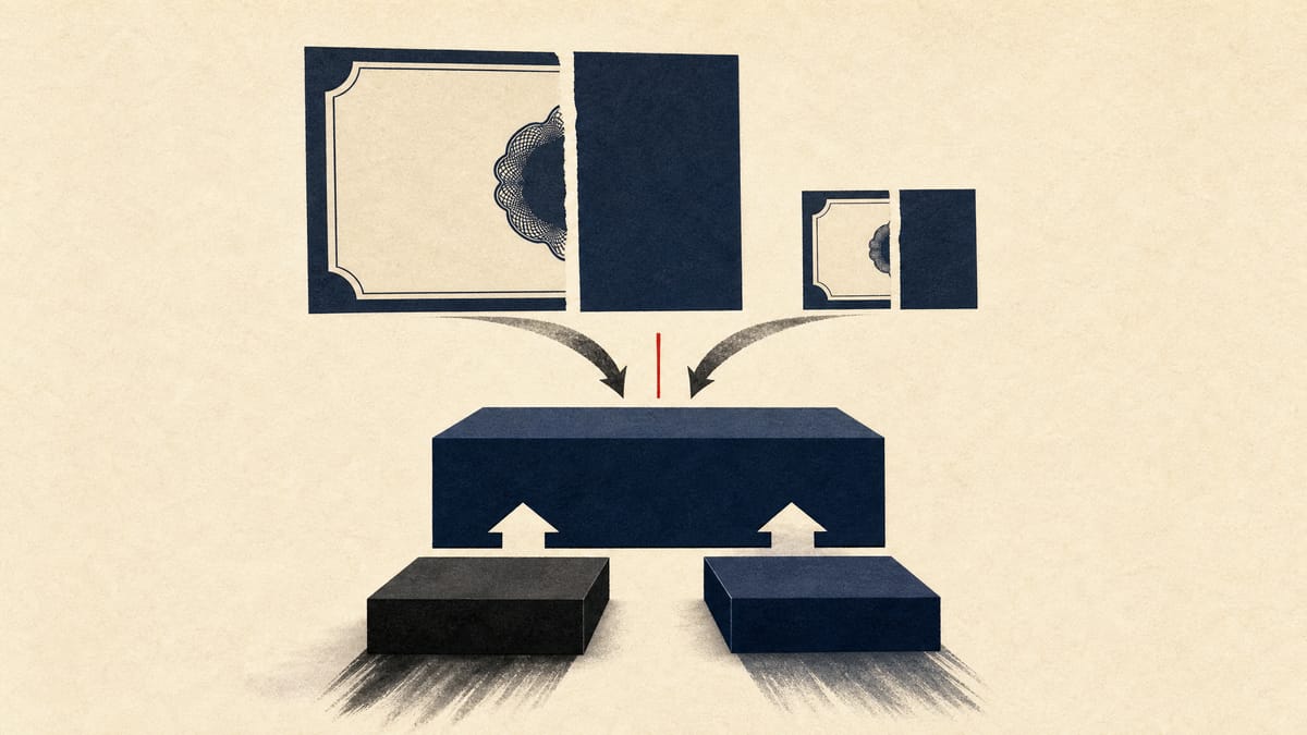 Abstract diagram of two smaller blocks fitting beneath a larger bank block, with two share-shaped pieces of different sizes feeding into it.