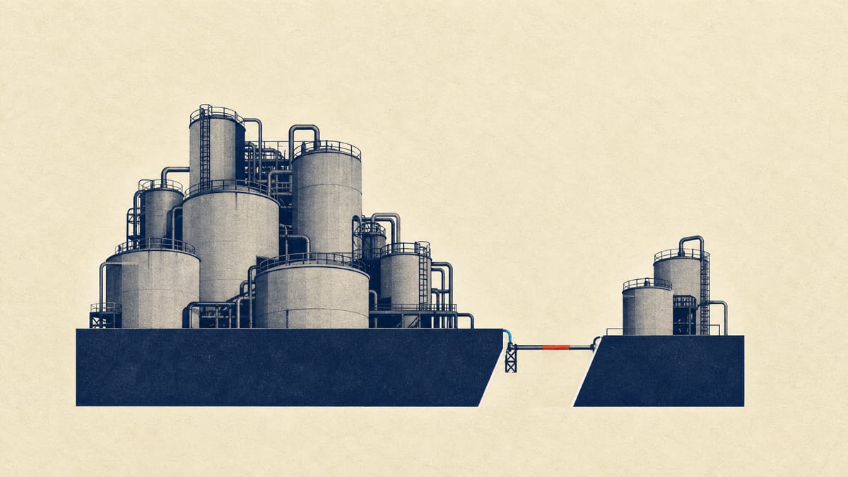 Illustration of petrochemical tanks and pipework divided into a large and a small section, joined by a thin connecting pipe, representing a partial spin-off.