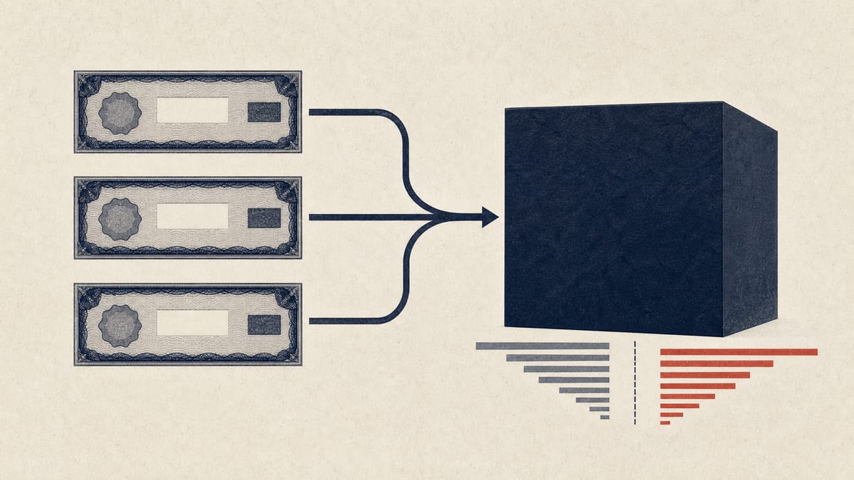 Abstract diagram of several ownership blocks merging into one larger block above a ladder of exchange order-book bars.