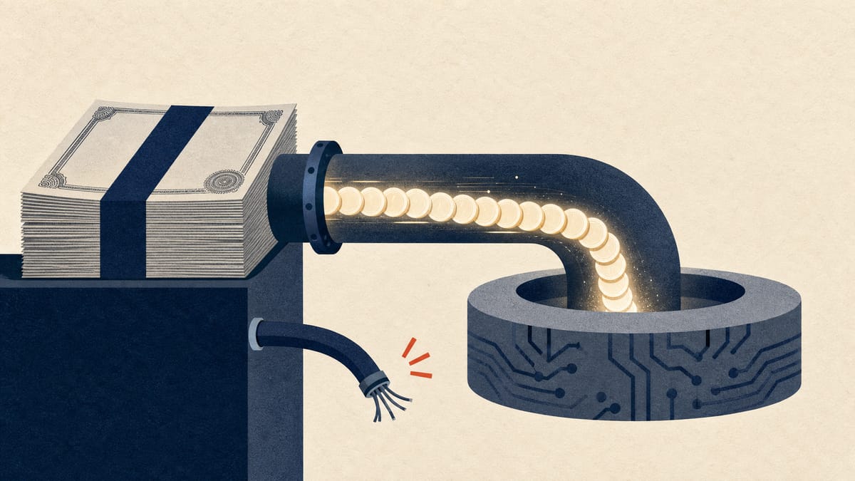 Abstract illustration of bond proceeds flowing through a conduit into a chip-shaped vessel, with an unused credit cable cut loose below.