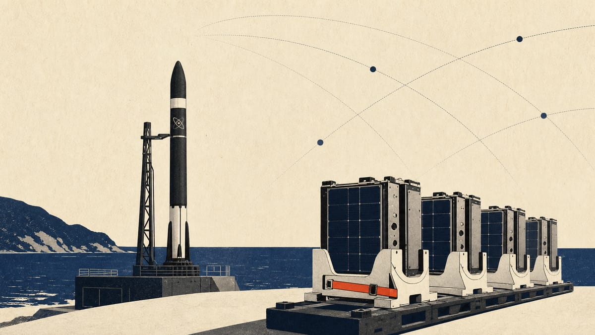 発射台上の小型ロケットと、その脇に置かれた衛星、上空の軌道を描いたイラスト