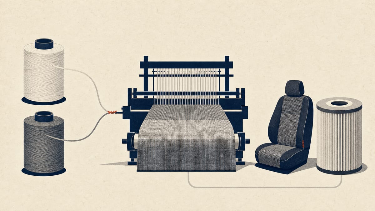 Spools of yarn and textile rolls feeding into one loom beside fabric swatches for vehicles and industrial use.