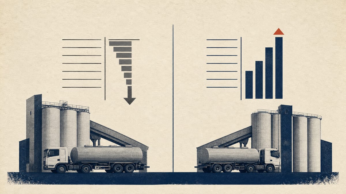 Cement silos and tanker trucks at a loading bay beside a two-column diagram showing a gain and a loss recorded separately.
