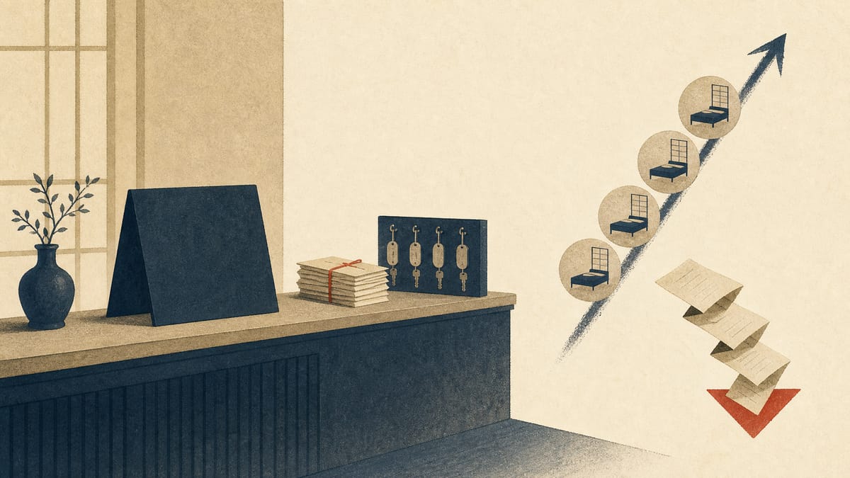 A hotel front desk with booking vouchers, a key rack and slips representing cancellations beside a rising line of room-night tokens.