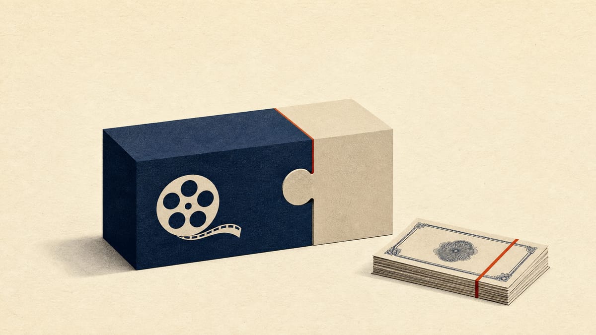 Abstract illustration of a divided ownership block beside a stack of share certificates, representing a streaming joint venture and a separate share issue.