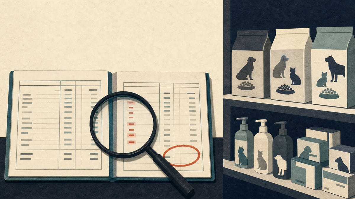 Two ledgers with mismatched columns beside shelves of pet-food cartons, a loupe resting on the discrepancy