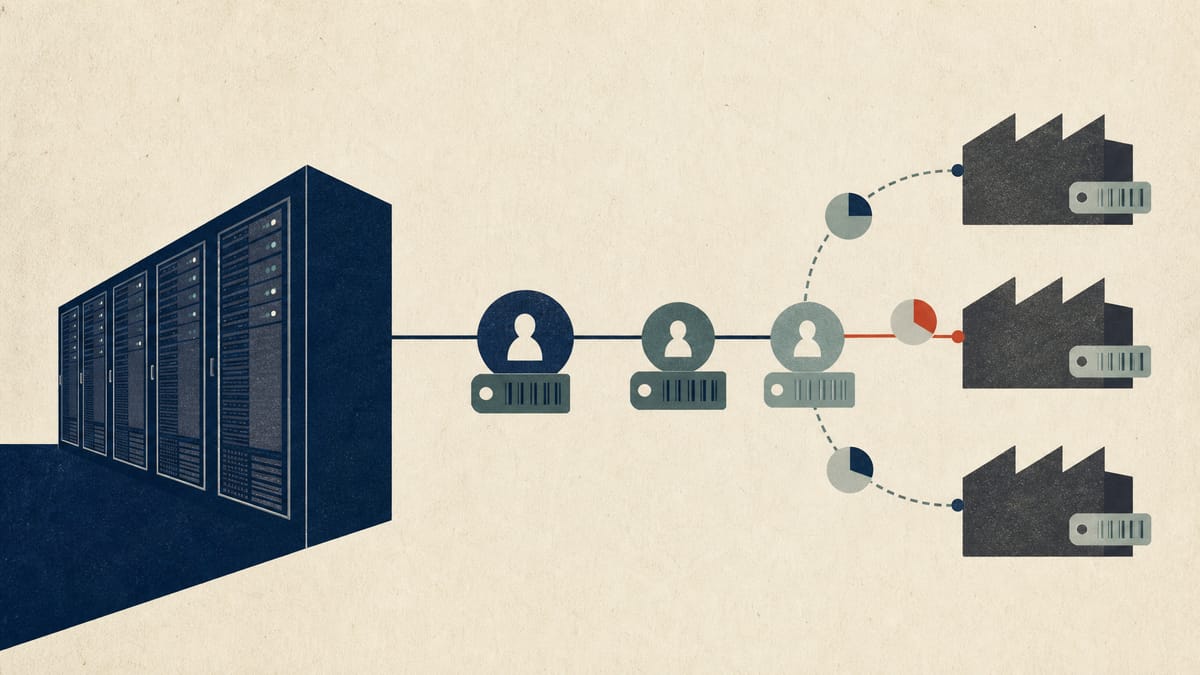 Illustration of server racks connected through intermediary nodes to supplier blocks, with ownership-share arcs and ID tags on each link.