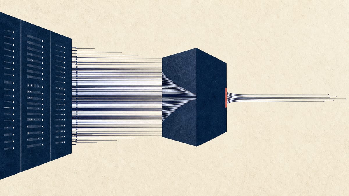 Illustration of many thin order lines from server racks narrowing into a thinner stream of executed trades at an exchange matching engine.
