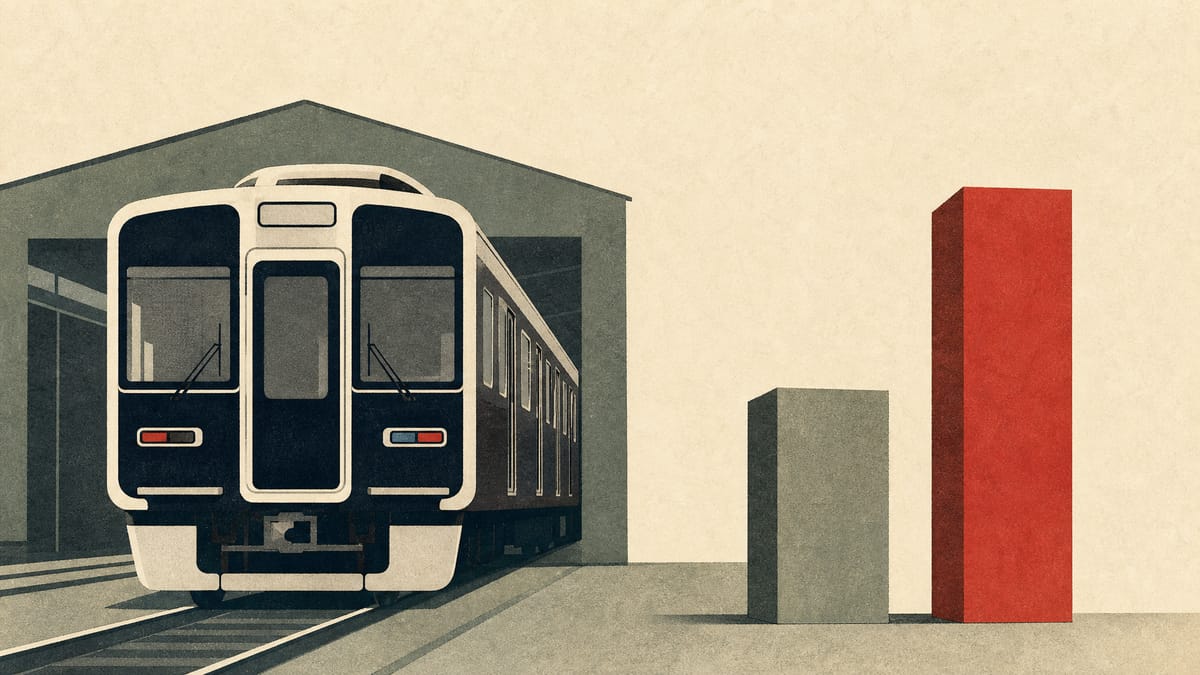 Illustration of a commuter train beside a short and a taller stack of bars, representing a raised share buyback ceiling.