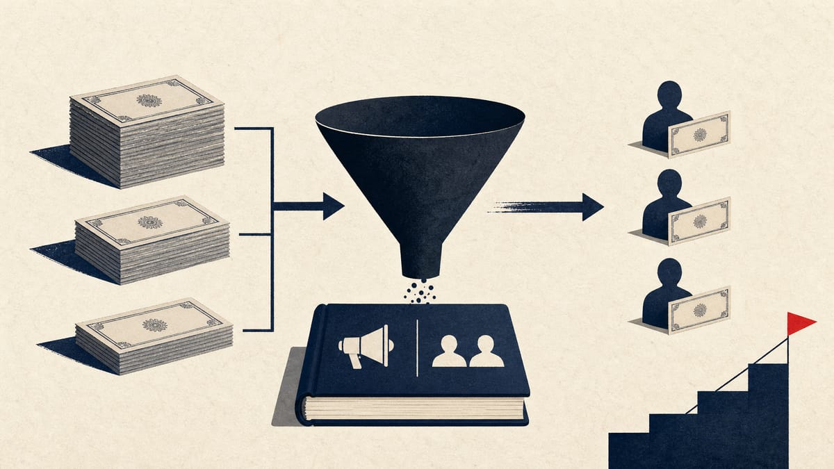 Illustration of stacked share certificates splitting into one flow toward company funds and another toward individual sellers, with a stair-step graphic suggesting a market-segment move.