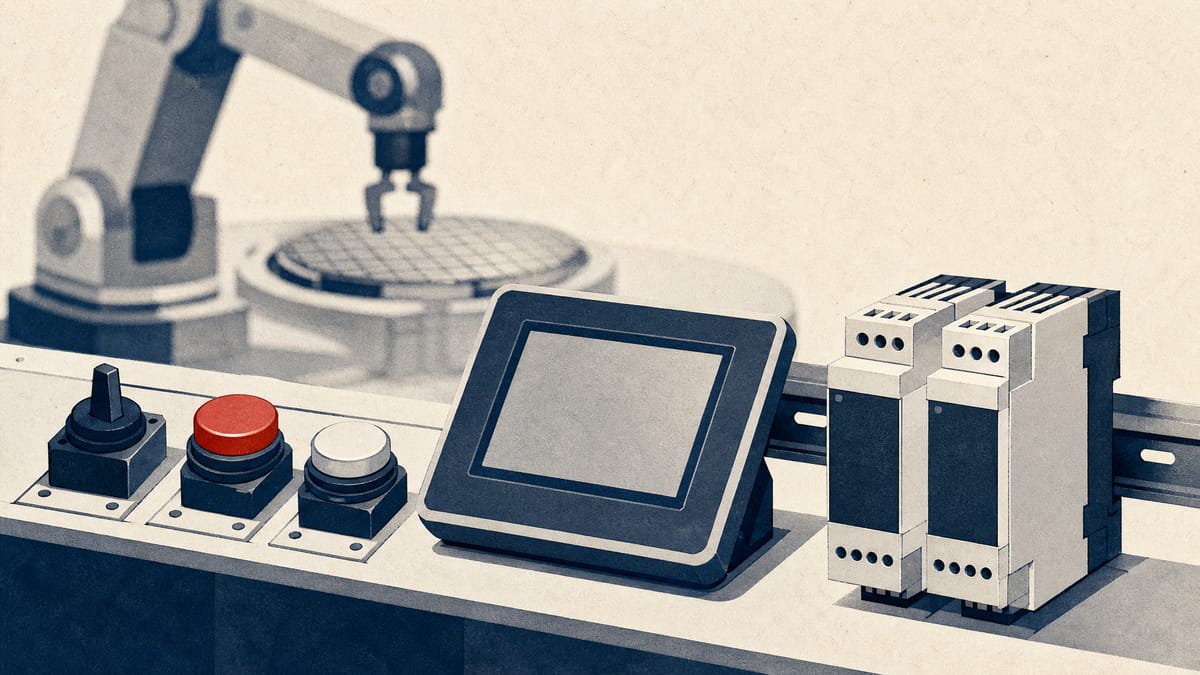 Industrial control switches and an operator terminal on a factory workbench, with a robot arm and wafer carrier in the background.