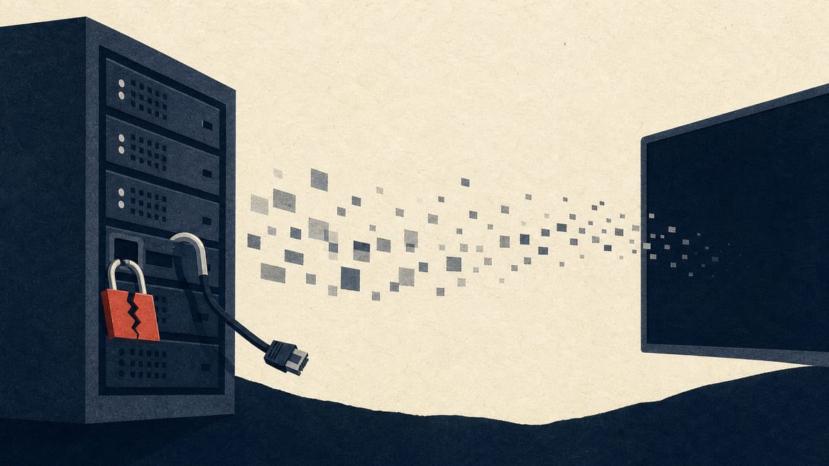 Server rack with an unplugged cable and a broken padlock tag, with scattered data blocks drifting away.