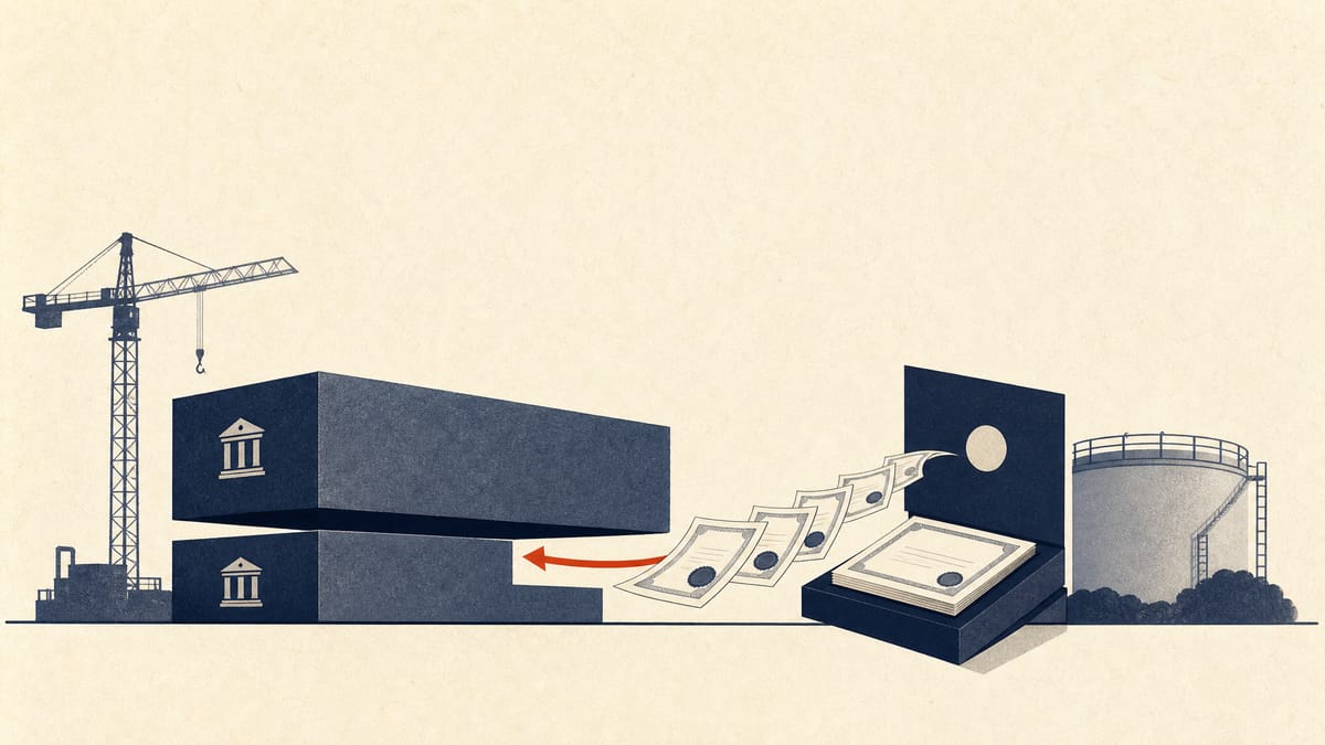 Illustration of two stacked loan blocks being paid down by a flow of share certificates, flanked by a small construction crane and a water-treatment tank.