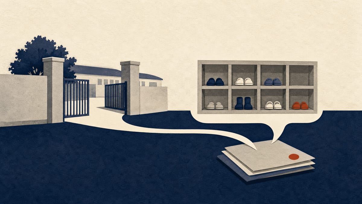 Abstract editorial illustration of a school gate and childcare shoe shelf linked by a reporting channel to a stack of forms, representing a proposed whistleblower-protection listing.