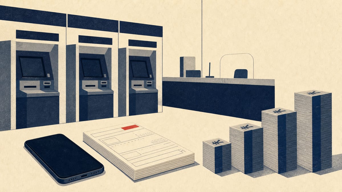 Illustration of bank ATMs and a teller counter with a smartphone and blank transfer slips beside rising ledger bars.