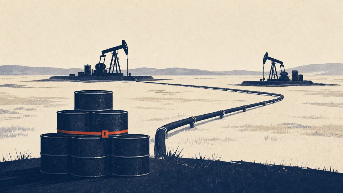 Illustration of oil well pads and pumpjacks on adjoining lease blocks connected by a gathering pipeline.