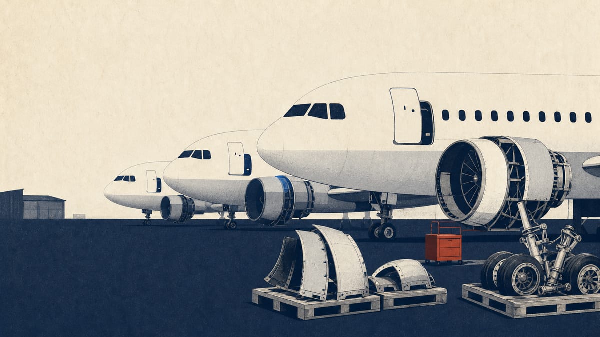Used passenger jets parked at a maintenance apron beside pallets of removed aircraft parts.