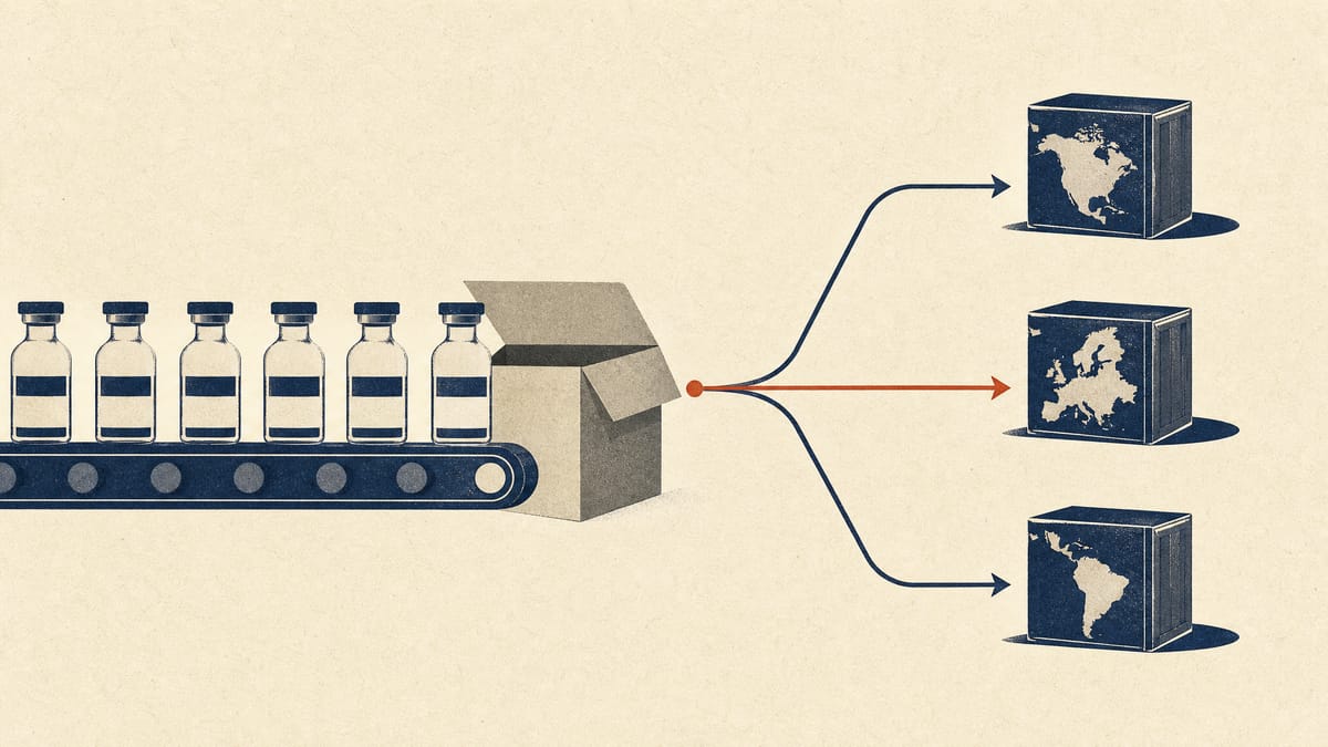 Enzyme therapy vials on a manufacturing line next to shipping cartons bound for separate regional distribution crates.