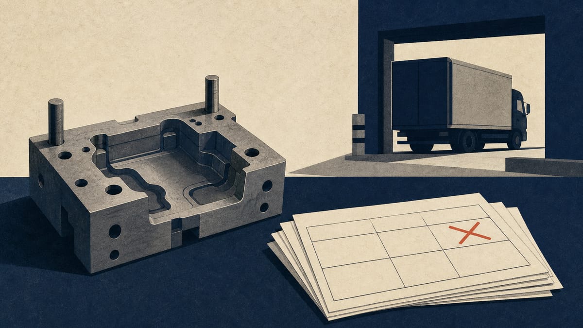 A steel mould half on a workshop bench next to schedule cards with one slot crossed out, and an idle delivery truck at a loading dock behind.