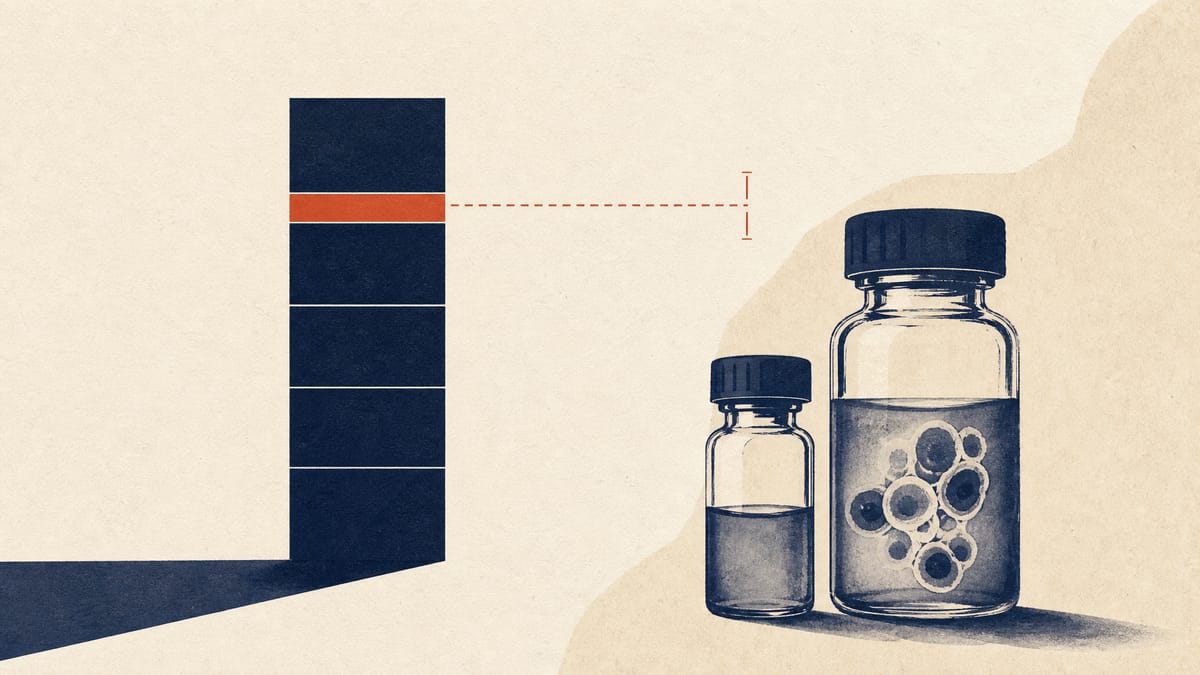 Abstract illustration of a share-ownership bar with one highlighted block next to laboratory vials, representing a minority stake in a biotech company.
