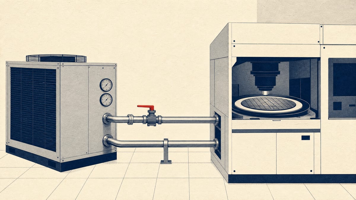 Industrial chiller unit with coolant piping connected to a semiconductor processing tool in a clean-room bay.
